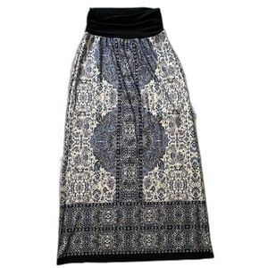 B DESIGN Maxi Skirt Ruched Waist Pull-On Stretch Geometric Womens L Blue Cream